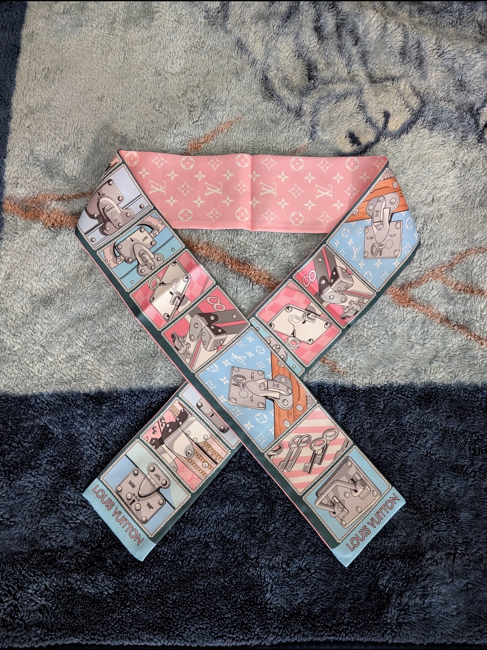 Louis Vuitton Pink & Blue Lock It Silk Monogram Pattern Bandeau Scarf